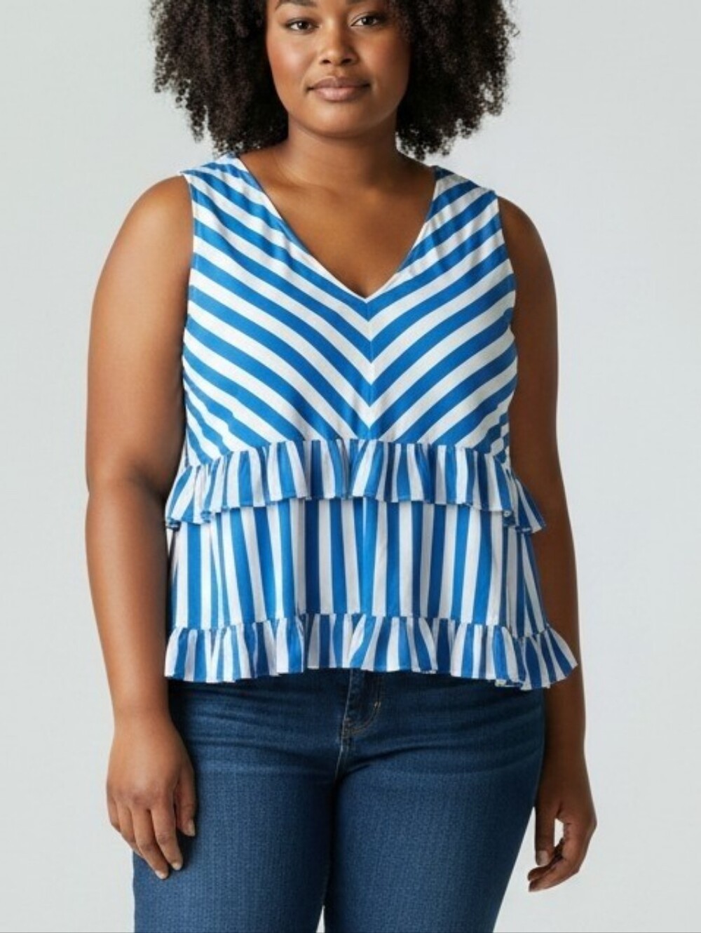 New Cato Blue and White Striped Ruffle Tank Top Size 18/20 2X